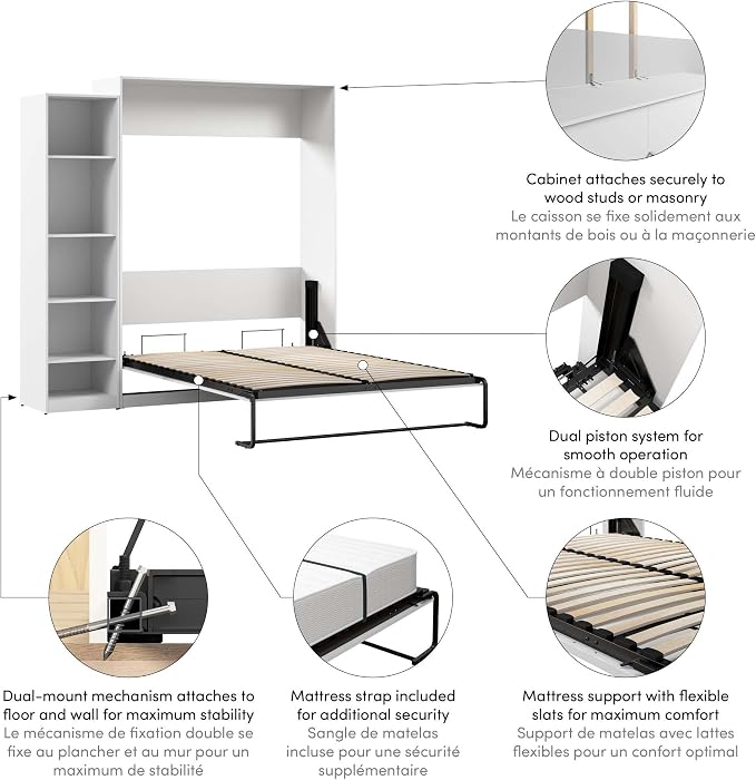 Bestar Queen Murphy Bed with Closet Organizer, White, Claremont, 85W | Closet Organizer; supports up to 1000 lb; min. ceiling height 88 in.; for guest room or multipurpose space; 10-year warranty