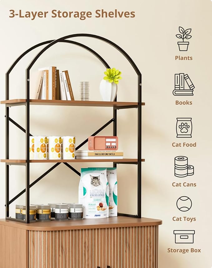 66" Cat Litter Box Enclosure,Hidden Litter Box Furniture with Shelves,Wooden Cat Washroom and Pet House with Sliding Tambour Door for Living Room,Walnut