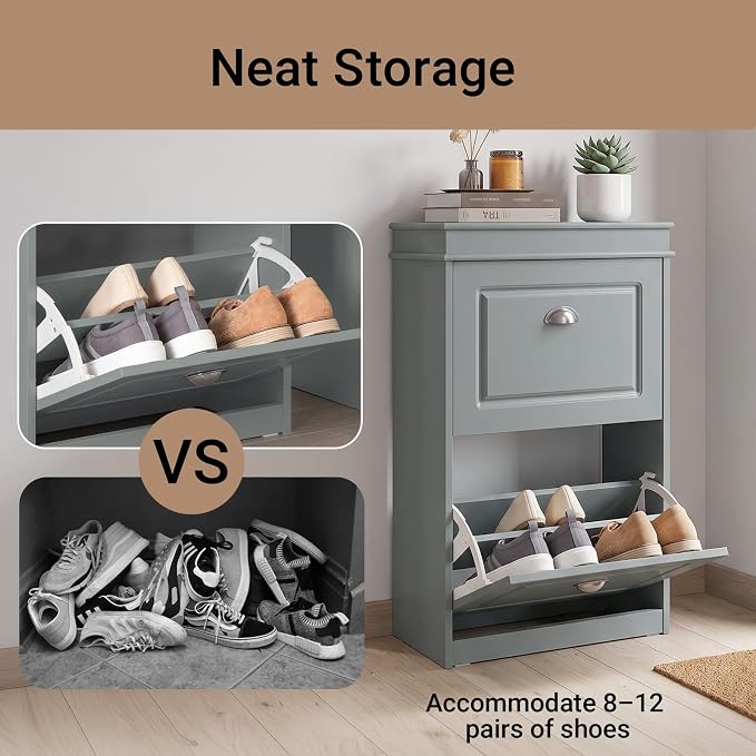 Haotian Small Shoe Cabinet | Two Flip Drawers Freestanding Shoe Rack, Shoe Storage Cupboard Organizer, FSR78-HG
