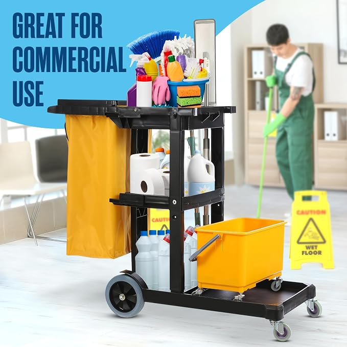 Cleaning Cart, Janitorial Cart, Cleaning Caddy with Wheels, Janitor, 440 Lb | Houseables for Housekeeping, Custodian, House Keeping, Maintenance, Rolling Supply Organizer, Custodial, Maid, Commercial