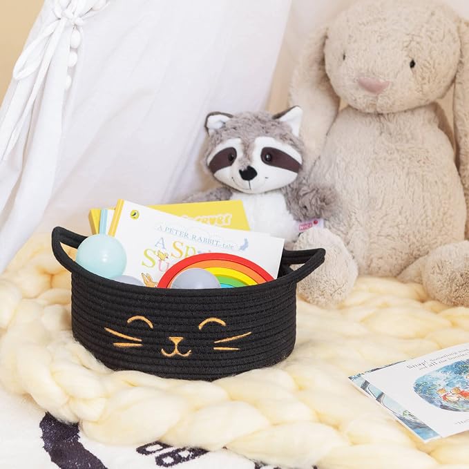 Small Woven Rope Cat Toy Basket with Cat Face Design, Black | 9.8" x 4" Cute Cat Toy Bin & Box for Living Room & Nursery, Boho Gift Basket Empty with Sturdy Handles, Cozy Cats Bed