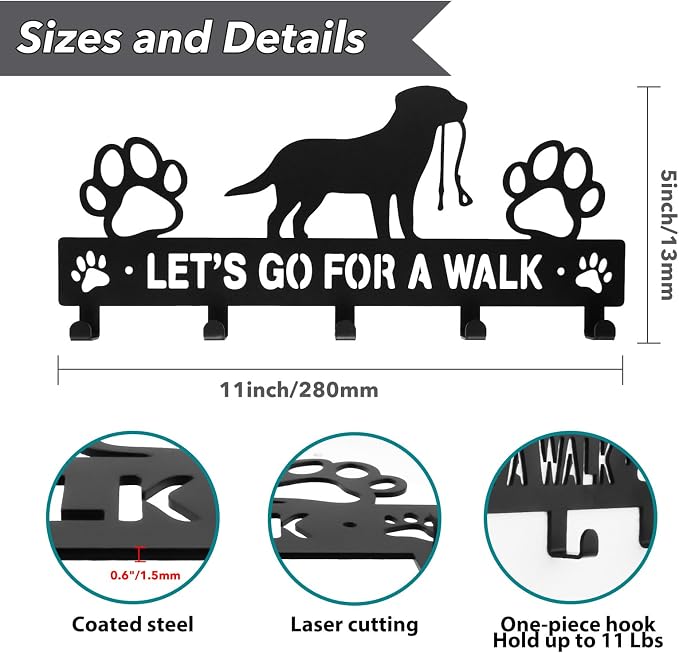 Iron Dog Leash Holder for Wall with 5-Hooks, Doorway Dog Hooks, Dog Accessory Holder