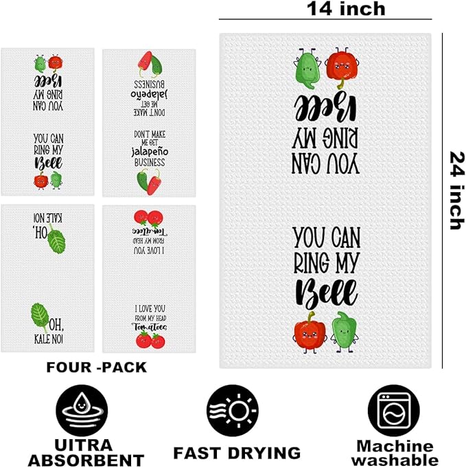 4Pcs Funny Chili Kitchen Towels 24x14 Inch, Chili Pepper Tomato Decor Microfiber Reusable Tea Towels for Kitchen Farmhouse, Durable Waffle Dish Drying Towel, Housewarming Gifts for Women Mom
