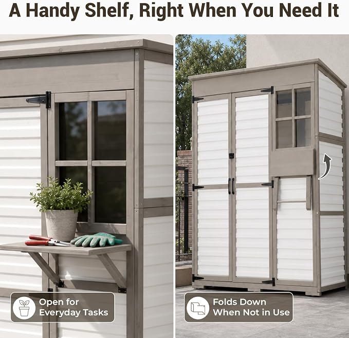 Ketive Outdoor Storage Cabinet, Fold-Down Shelf, 3 Shelves, 6 Hooks | Fir wood frame, textured plastic panels, and a sloped roof for patios, porches, gardens, and sheltered outdoor areas.