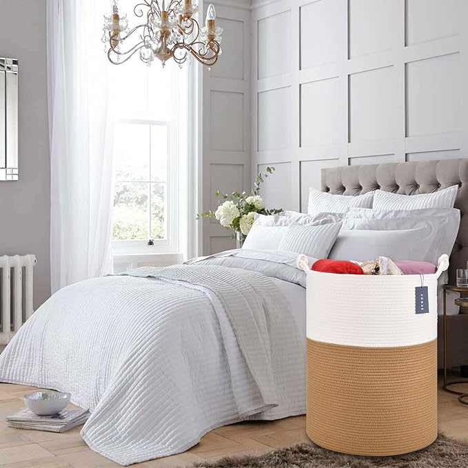 COMSE Tall Woven Blanket & Laundry Basket, 72L, White & Camel | 15.7”x 21.7”, Cotton Rope, Large Nursery Hamper for Storage of Toys Clothes Towels, Great for Living Rooms Bedrooms Bathrooms