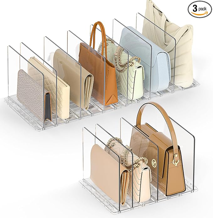 SortNStore Bag & Purse Organizer for Closet: Adjustable Clear Dividers | Plastic Clutch for Closet Organizers Handbag Storage - Keep Carteras & Pocketbook Upright 3 Pack - 11Dividers