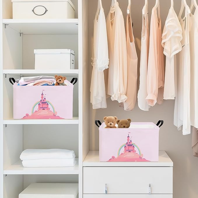 Rectangular Pink Castle Princess Closet Bedroom Storage Bin | Waterproof stain-proof cotton canvas, reinforced side grips, fairy castle print for girls, daily sundry arrangement