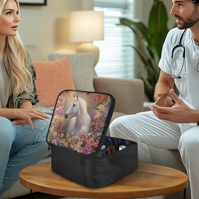 Rnyleeg Floral Horse Medical Kit for Home Portable First Aid Bag with Handle Empty First Aid Travel Kit Compact Emergency Medicine Supply Bag for Women