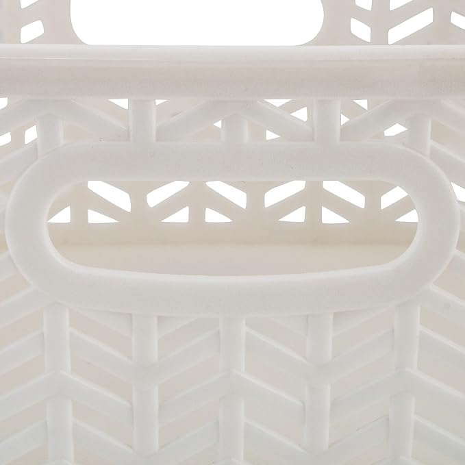 Simplify 3 Pack Small Herringbone Storage Basket | Dimensions: 10"x8"x4" | Light Weight | Two Open Handles | White | Organization | Many Uses | Kitchen Storage | Bathroom Storage |