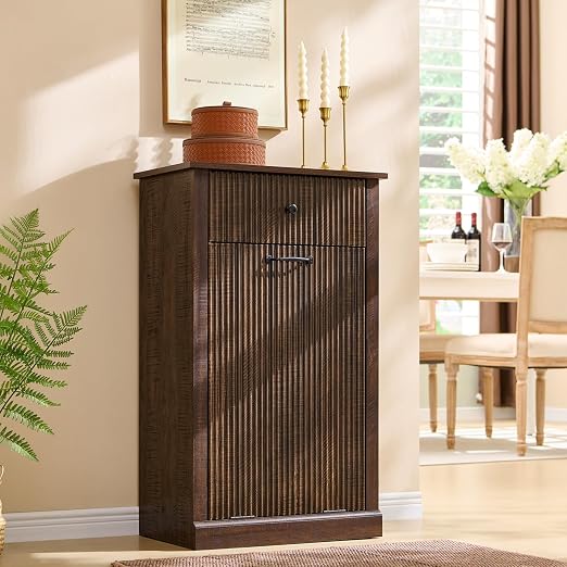 IFGET Tilt-Out Trash Can Cabinet, Fluted Laundry Hamper Cabinet, Brown