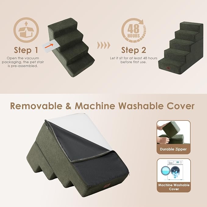 EHEYCIGA Dog Stairs for High Bed 22.5" H, 5-Step Extra Wide Dog Steps for Bed, Pet Steps for Small Dogs and Cats, Non-Slip Balanced Pet Ramp Indoor, Military Green