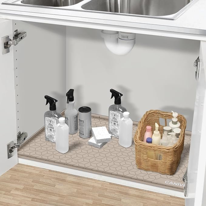 Under Sink Mat, 34"x19" Waterproof Tray for Cabinet, Holds 3 Gal | Silicone, Fits 36 inch Standard Cabinet,Leakproof & Easy Clean, Ideal for Kitchen & Laundry, Protects Shelf from Water Damage