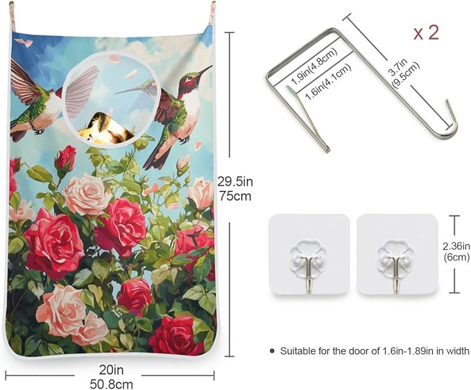 1PC Hanging Laundry Hamper Bag Over the Door Laundry Hamper Wall Hamper Large Dirty Clothes Hamper with Stainless Steel Hooks 29.5x20Inch Cartoon July 4th Red Roses and Hummingbirds
