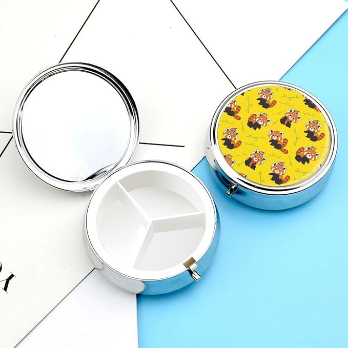 Mini Pill Organizer, Red Panda Round Compact Dispenser, Portable Holder for Fish Oil, Travel Pill Box Purse Use for Students