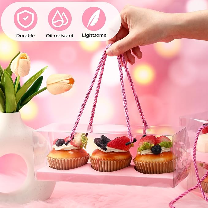 Thenshop 40 Pcs Clear Cupcake Boxes 9x3x3 in 3 Compartment Holder,Pink | Transparent Holders with Handles, Individual Pastry Display for Wedding Graduation Party Favors Cookies Treats Gifts