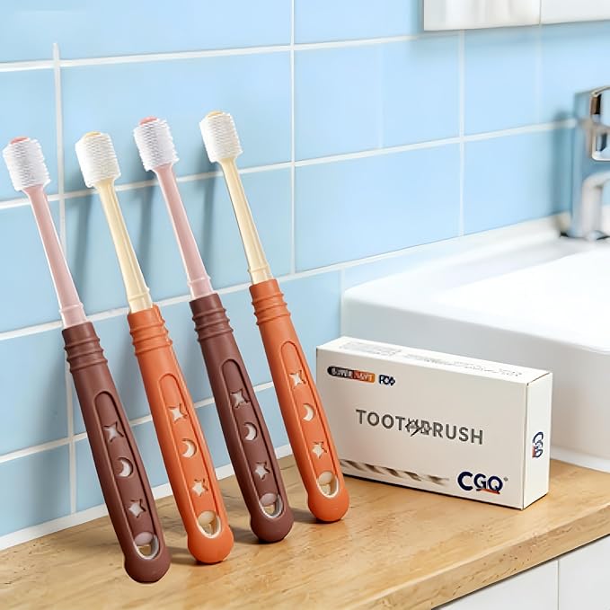 CGO Silicone 360° Toothbrush for Small Dogs & Cats - 4 Pack Round Head Pet Toothbrush, Gentle Chewable Brush with Soft Bristles, Dental Care Kit for Puppy Kitten Oral Hygiene (2 Orange, 2 Brown)