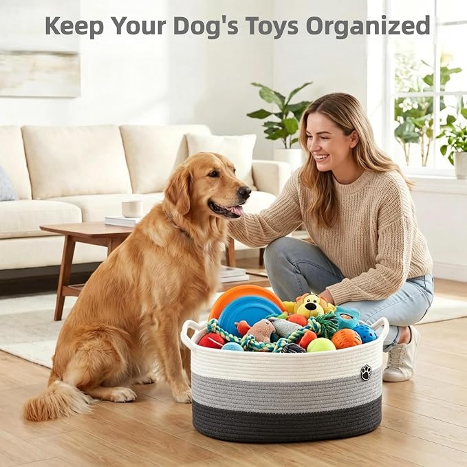 Optish 40L Extra Large Dog Toy Basket, 20" x 14" x 9" XL Toy Storage Box and Bin with Handles, Woven Cotton Rope Foldable Basket for Blankets, Living Room, Bedroom, Home Decor, White & Grey