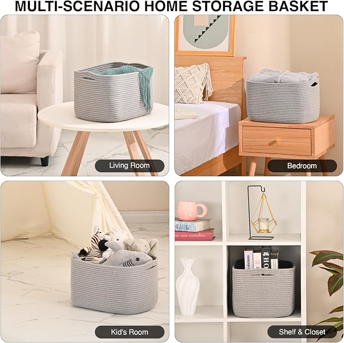 ICERZCZ Woven Cotton Rope Storage Basket for Organizing, Cute Decorative Baskets for Gifts Empty, Organizer Bins for Dog Toy, Baby Laundry, 17“×13”×9.5“, Light Grey