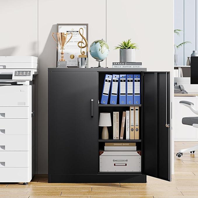 Metal Storage Cabinets with Lock, Small Locker Steel Cabinets, Adjustable Shelves 2 Doors for Home,Office, Warehouse,Garage(Black-36)