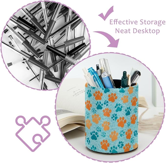 Faux Leather Pen Holder for Desk, Pencil Organizer Pet Paws Pen Cup Desk Decor Makeup Brush Holder Storage for Office Home