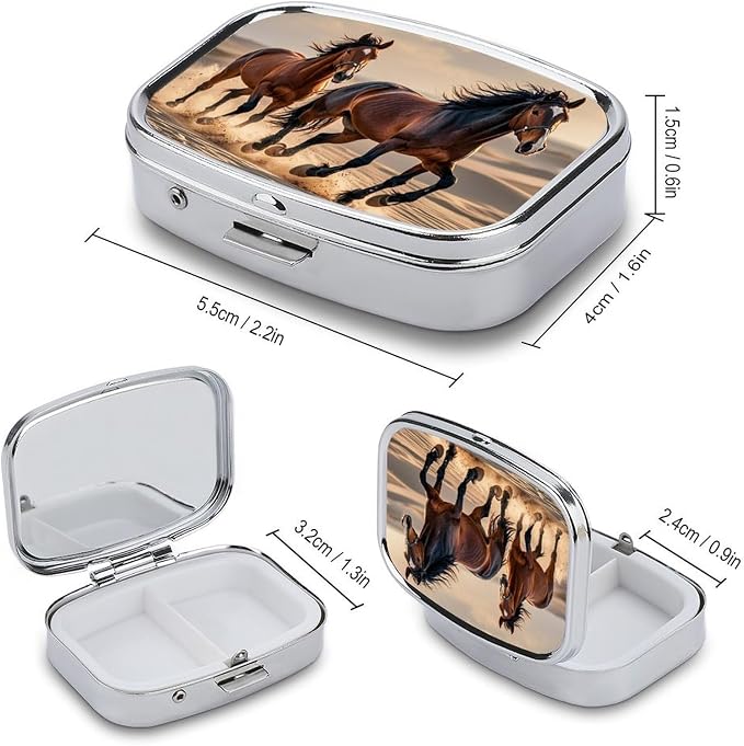 Horses Running in The Sand Pill Box 2 Compartment Medicine Pill Case Portable Pill Organizer for Pocket Or Purse Decorative Metal Medicine Vitamin Organizer