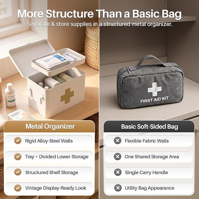 Flexzion Large Metal First Aid Box Empty, 8.5-Inch, White with Gold Cross | Vintage Medicine Box and First Aid Storage Organizer with Removable Tray and Dividers; Empty Box Only, Supplies Not Included