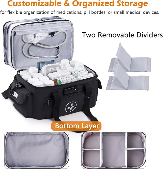 BAGSFY 3-Tier Medicine Organizer with Combination Lock – Large Medicine Bag, Empty First Aid Kit Case, Pill Bottle Medical Supply Organizer, Travel Prescription Bag, Medication Storage Container