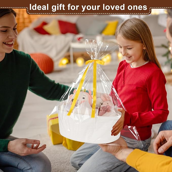 OIAHOMY Gift Basket with Handle, 15.4"x 11.4"x 6.7" Woven Basket with Gift Bag, Ribbon and Wrap Tissue Paper, Nursery Bins Empty to Fill with Towels, Baby, Pet Toy Organizer - White