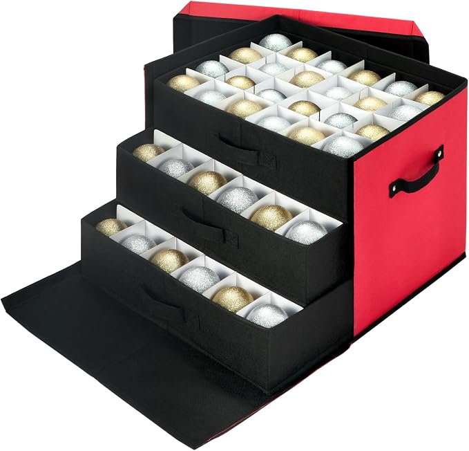 Christmas Ornament Storage Box with Adjustable Dividers, Large Holiday Ornaments Storage Container Bin with Lid for Xmas Decorations (72-3" Balls, Red, With Removable Tray)
