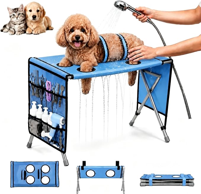 Foldable Pet Bathing Stand Holder Grooming Shower 8-Hole Wash Hammock,Washing Bed for Small Dogs and Cats Washing Picking Ears Nail Clipping,Stainless Steel Grooming Table with Stand，Upgrade-Blue