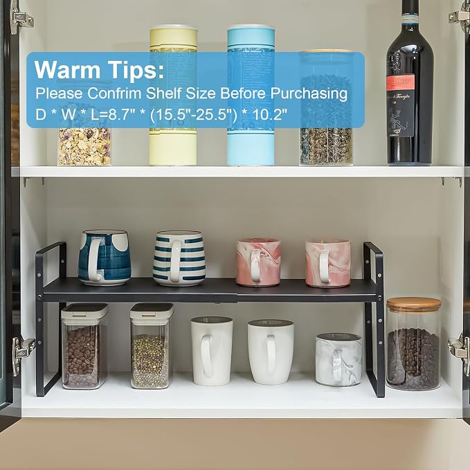 15.5 to 25.5 Inch Kitchen Cabinet Shelf Organizers, Adjustable Kitchen Counter Shelf Organizer, Set of 3 Expandable Countertop Storage Shelves, Stackable Design, 30LBS Heavy Duty, Space Saver