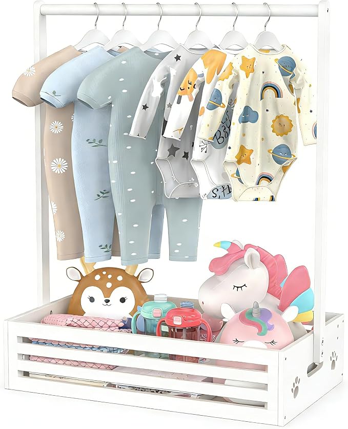 BAMBOOHOMIE Baby Clothing Rack for Toddler, Pets Clothes Rack with Storage Box & Adjustable Hanging Rod for Dogs/Cats, Baby Shower Clothes Closet Rack with Handle for Nursery Room (White, Baby)