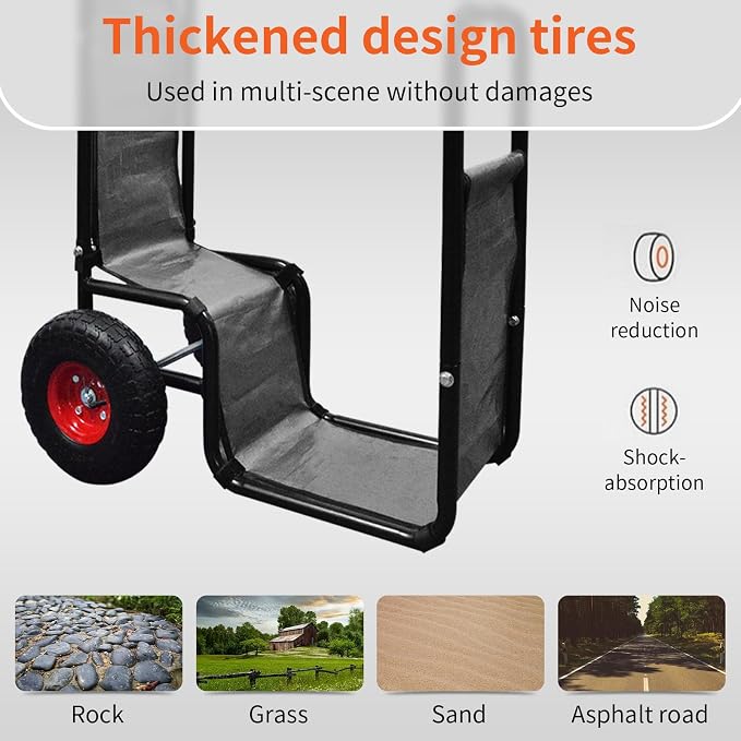 Doublehorse Firewood Cart 27x20x44 in Steel Pneumatic Wheels Gray | Heavy Duty Metal Waterproof Portable Storage Rack for Outdoor Camping Backyard Fireplace Indoor Use