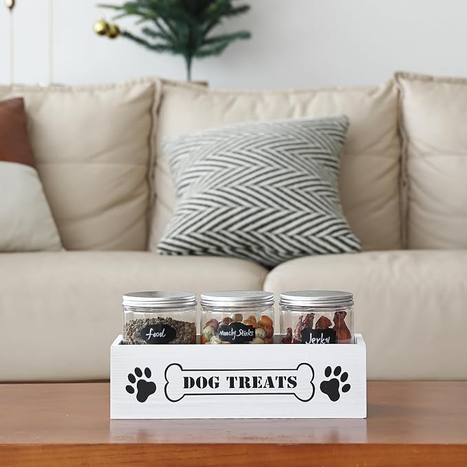Dog Treat Container Pet Organizers and Storage with 3 Jars Doggie Snack Storage Cat Treat Holder for Countertop Dog Food Storage Cabinet Farmhouse Decor Gift with Reusable Sticker & Marker