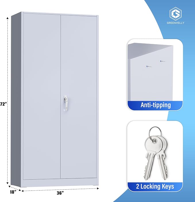 Greenvelly Metal Storage Cabinet with Doors and Shelves, 72" Inch Locking Metal Cabinet,Garage Storage Cabinet for Garage Office School Warehouse (Dark Gray)