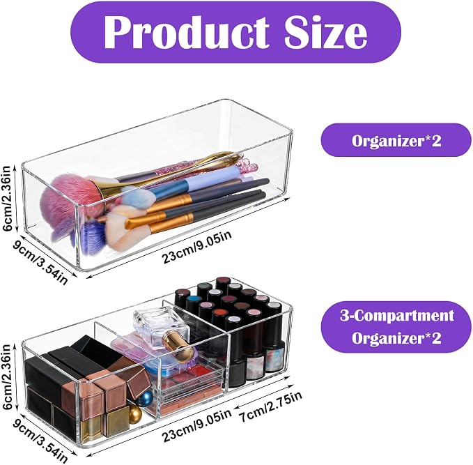 4-Piece Acrylic Organizer Set, Makeup Organizer for Drawer, Vanity, Countertop, Bathroom & Kitchen Storage, Clear PET Desktop Organizers with Compartments (2 Open + 2 Three-Cell Boxes)