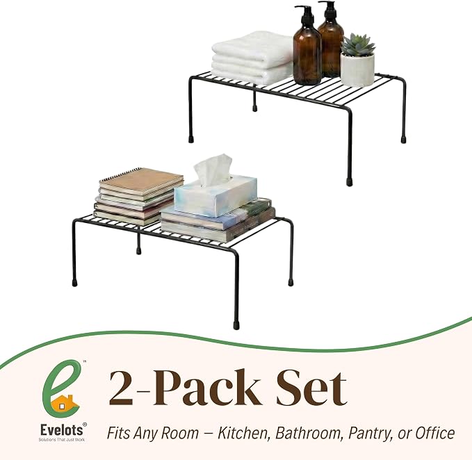 Evelots Wire Shelf Organizer Set, Metal Cabinet Shelf Risers, 2-Pack, Black | 2-Pack rustproof metal wire shelf organizers create extra storage space in kitchen cabinets, pantries, freezers and bathrooms