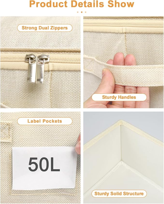 punemi Sturdy Under Bed Storage Box, Wedding Dress, 3Pack, Beige | Rigid Sides & Bottom, 50L Large Capacity for Evening Gowns & Heirlooms, Ideal for Closet, Shelf & Cabinet Storage