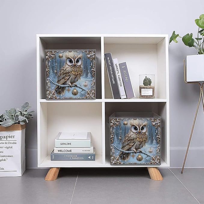 Christmas Owl Foldable Storage Bins, 10.6" Cube Storage Organizer, Sturdy Oxford Cloth Fabric Baskets for Closet, Shelf, Nursery, Bedroom, Decorative Printed Box for Toys & Clothes