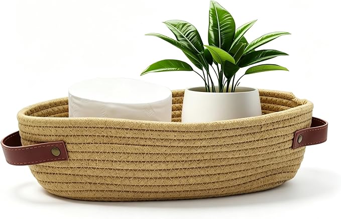 1 Pack Small Woven Storage Basket for Toilet Tank Top, Bathroom Countertop Organizer Basket Cotton Rope Toilet Paper Storage Toilet Paper Decorative Basket 13"x6"x4" (Brown)