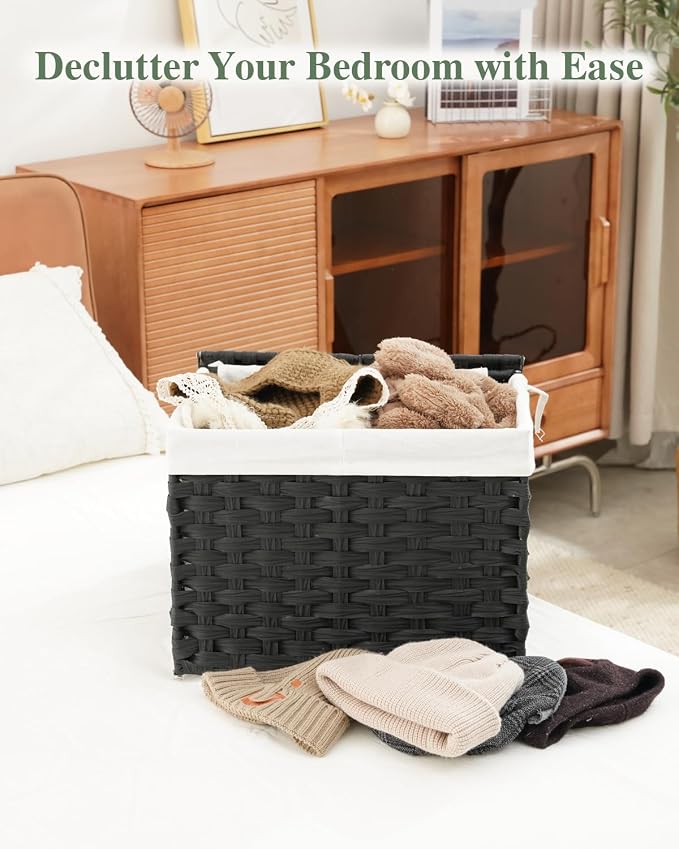 SETVSON Storage Basket with Lid, 2-Lid PE Rattan Storage Bin, Black | 9.2 Gal Decorative PE Rattan Furniture Look for Bedroom, 2 Separate Lids, 2 Liners with Divider for Apparel & Essentials