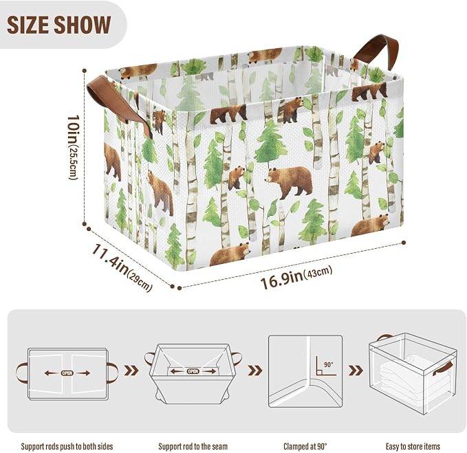 Watercolor Woodland Bear Forest Animal Baby Storage Basket with Labels&Handles Waterproof Nursery Storage Bins Collapsible Shelf Organizer Baskets for Kids Books Cloth Gift Toys Laundry, 2 Pack
