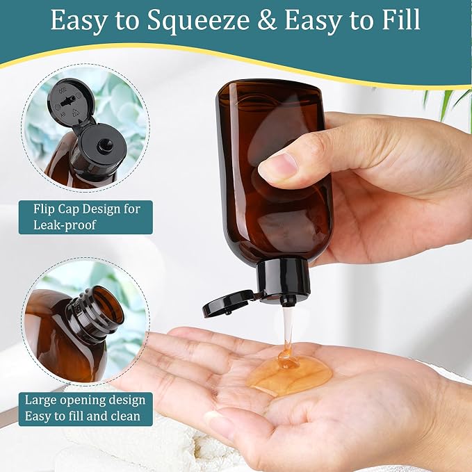 Cosywell Travel Shampoo Bottles 4pcs 3.4oz Travel Bottles for Toiletries | Brown Plastic Squeeze Bottle, TSA Approved, Leak Proof, Flip Cap, Empty Lotion Containers, and a Toiletry Bag