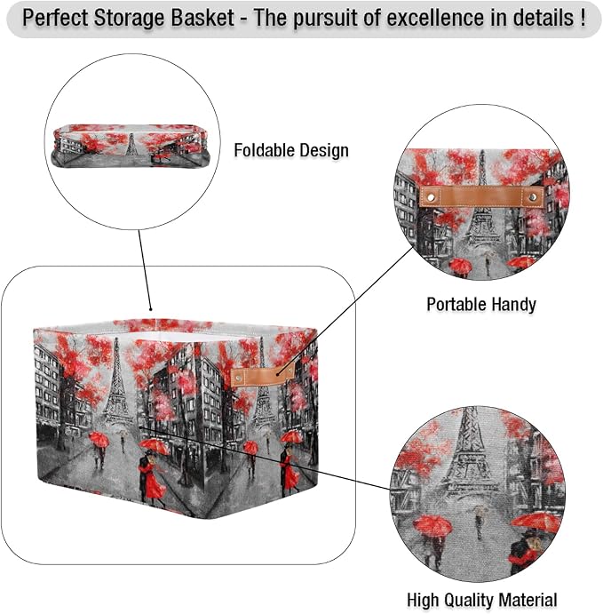 Pardick Eiffel Tower Storage Basket Bins Paris France Flower Toys Books Clothes Canvas Storage Box Cubes Rectangular Collapsible with Handles for Bedroom Nursery Home Office Decor Organizer Basket