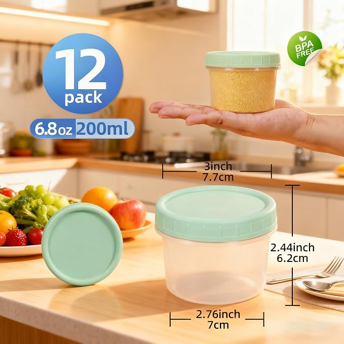 Food Storage Containers - 12 Pack 6.8 oz Freezer Storage Containers with Twist Top Lids, Leakproof, BPA Free, Microwave & Dishwasher Safe Takeout Container - Ideal for Soup and More