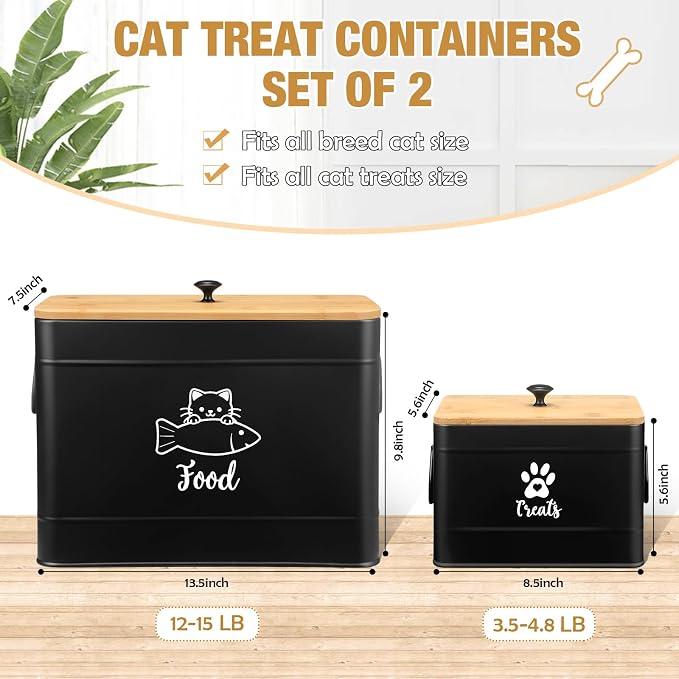 Reallnaive 2 Pcs Large Metal Cat Food Storage Containers 12+3.5 Lbs Decorative Pet Treat Snack Jars Airtight Bamboo Lids & Dry Food Scoop for Farmhouse Kitchen Counter Decor, Pet Owner Gifts(Black)