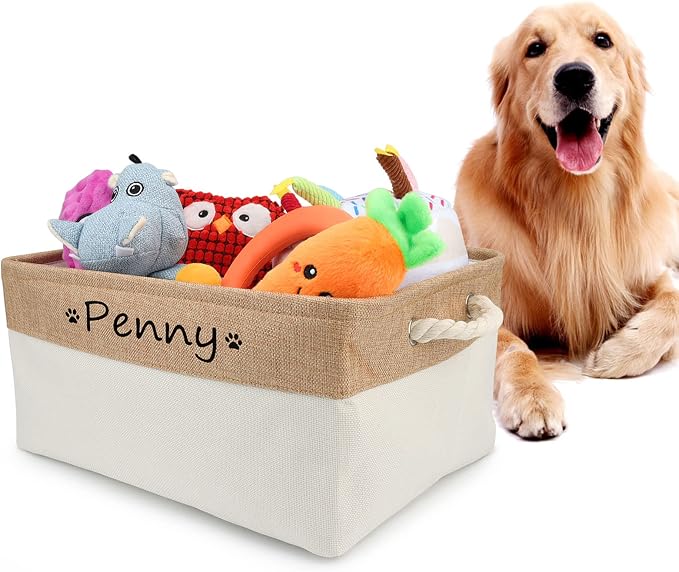 Personalized Dog Toy Storage Basket Bin Collapsible Customized Pet's Name Storage Box Organizer for for Dog Toys, Clothing, Apparel & Accessories (Beige, M)