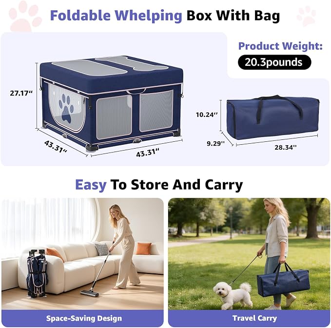 LOOBANI Foldable Whelping Box for Dogs, 1 Min Setup, 43.3"x43.3"x27.1" | Pet Puppy Playpen Indoor With Cover & Waterproof Bottom, Portable Birthing Box For Dog Cat Duck,Sturdy,Patented,Blue+Pink