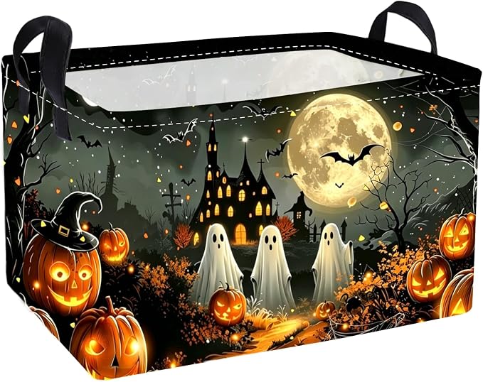 Essme Rectangular Halloween Basket,Kids Storage Bins Organizer with Handles for Ghost Room Decor, Gift Basket,Shelf Basket.(Dream Halloween)