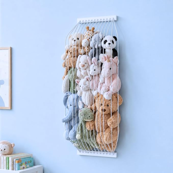 Stuffed Animal Storage Wood Soft Toy Storage for Kids Room，Wall Mount Door Hanging Stuffed Animal Toy Organizer Shelf for Nursery Play Room White -Patent